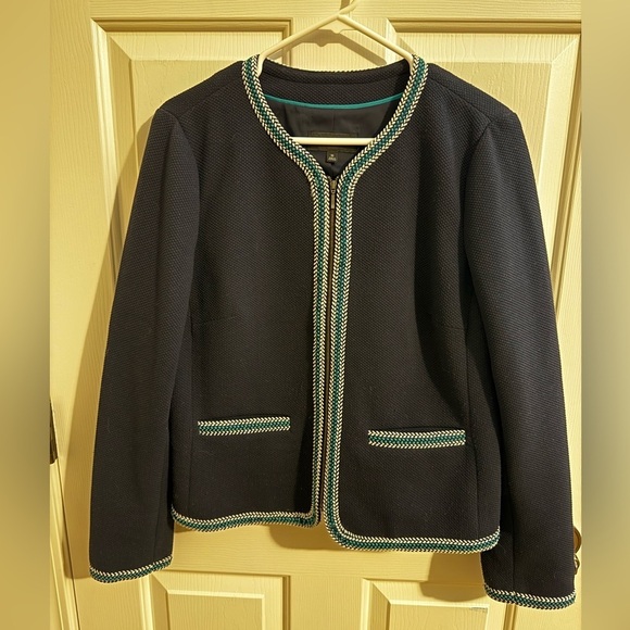 Talbots Braided Trim Zip Jacket Blazer Pockets Navy Green White Size 10 - Picture 2 of 11